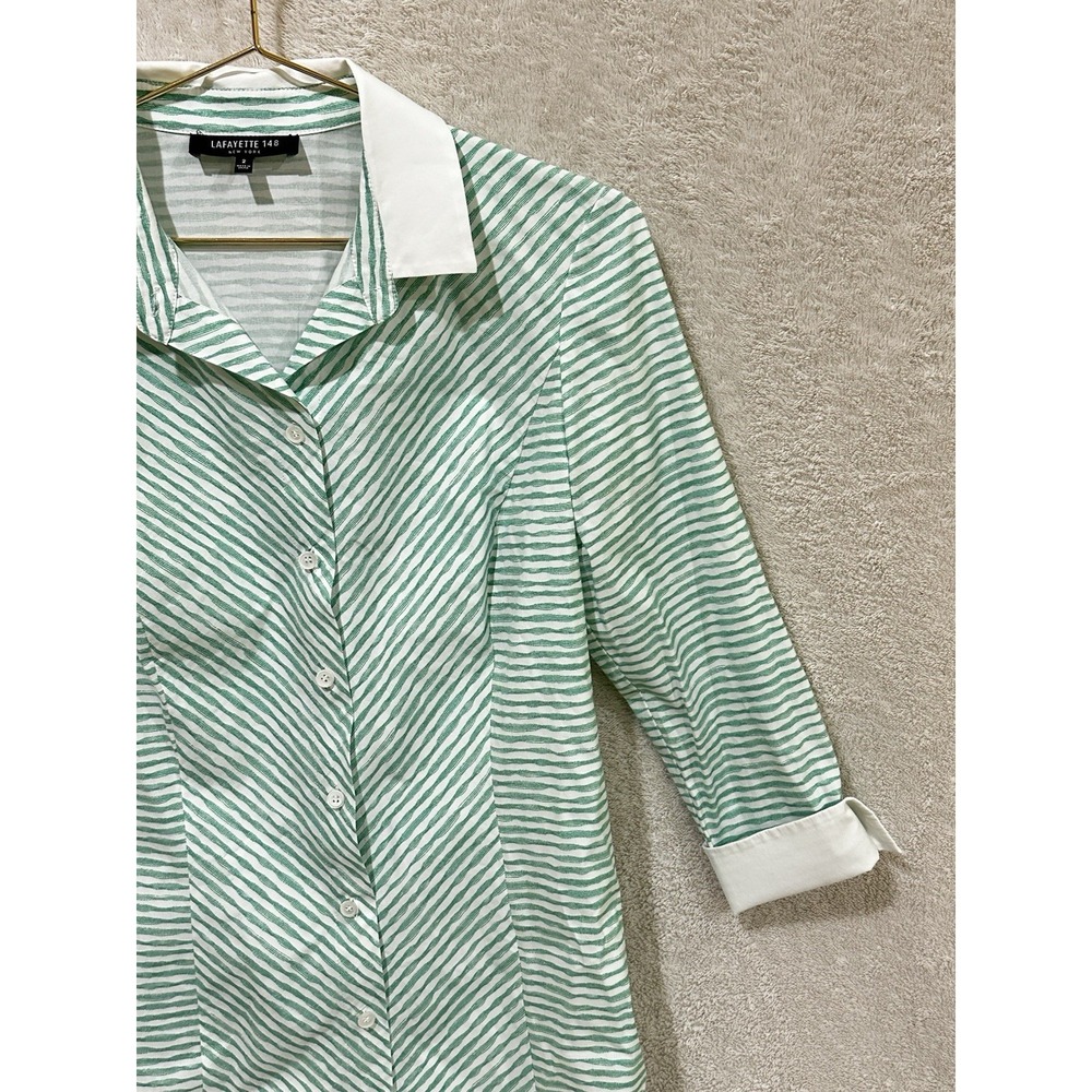 Lafayette 148 Striped Button Up Shirt Size 2 Green‎ White 3/4 Sleeve Luxury - Picture 4 of 6